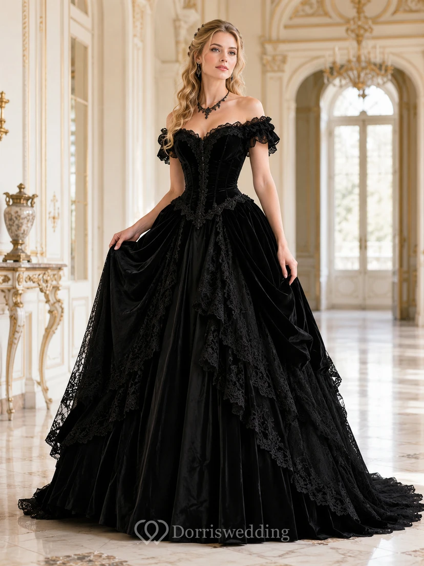 Schwarzes viktorianisches schulterfreies Ballkleid aus Spitze mit Kathedralenschleppe, elegant für den Hof