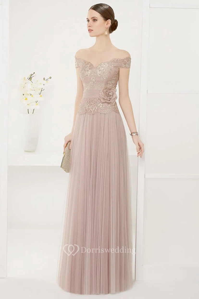 Off Shoulder A-line Tulle Long Dress With Lace Top And Flower Sash