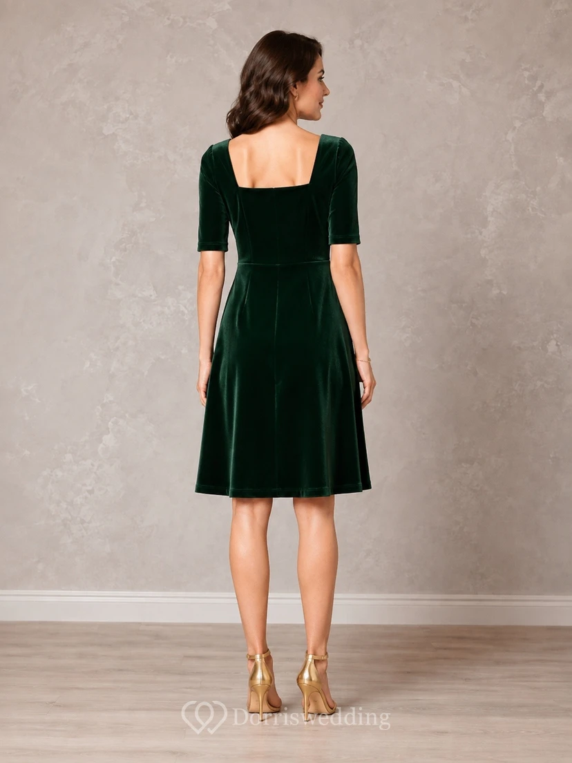 Dark Green Velvet Square Neck Short Sleeve Sheath Knee Dress view 2