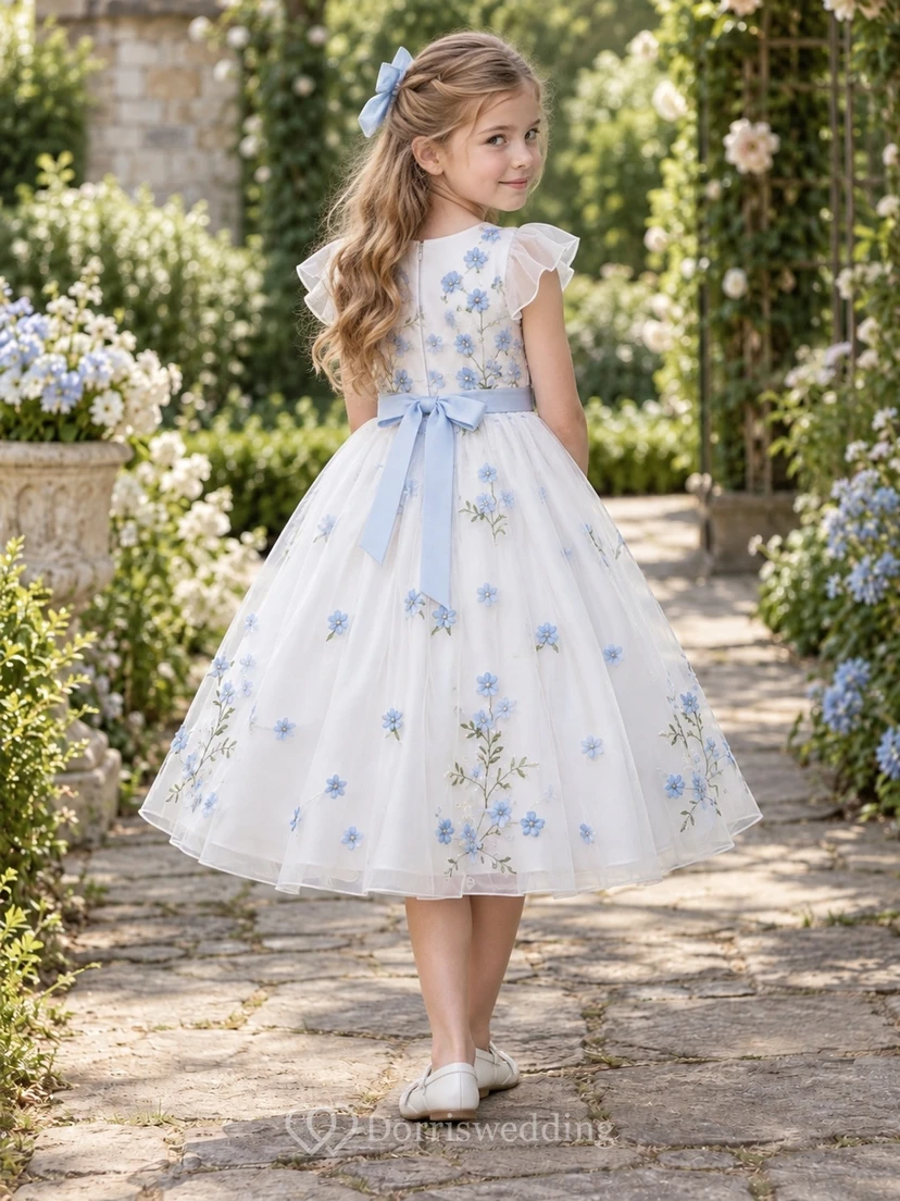 Tea-length Ivory Blue Floral Flutter Sleeve Tulle Bow Flower Girl Dress view 2