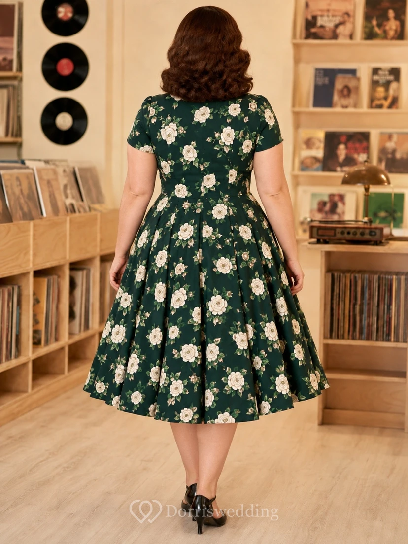 Vestido vintage de manga corta hasta la rodilla con escote en V y estampado floral verde view 2