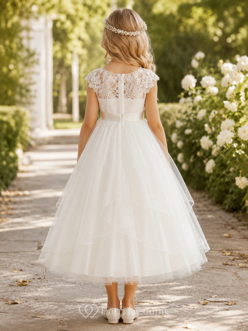 Vestido blanco de niña de las flores, lujoso vestido de gala hasta los tobillos, mangas cortas ilusión, encaje, tul escalonado, satén, cintura view 2