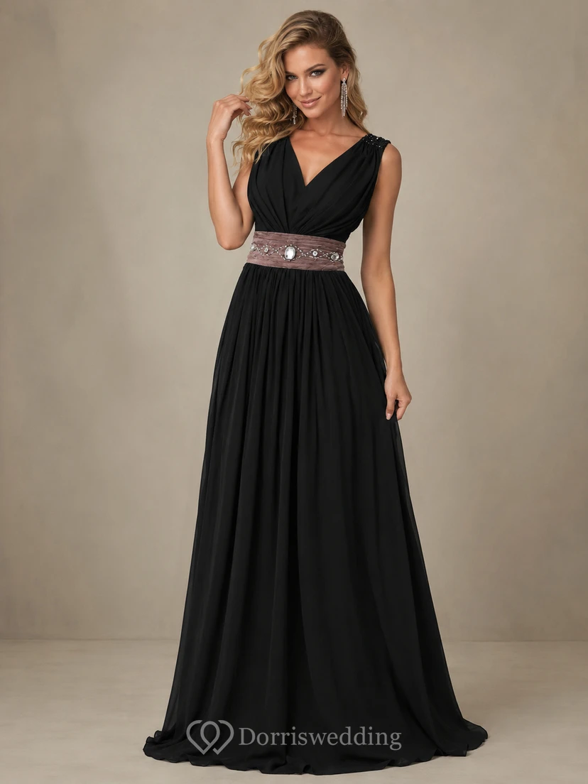 Sleeveless V-neck Long Chiffon Gown With Rhinestone