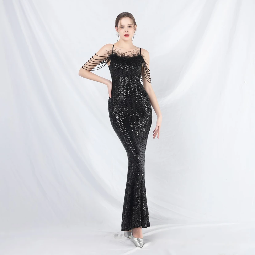 Craft Beaded Ostrich Feather Fantasy Sequined Long Evening Dress view 64