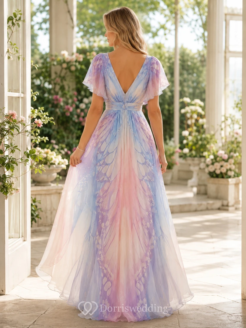 Pastel Butterfly Wing Print V-Neck Puff Sleeve A-Line Maxi Dress view 2