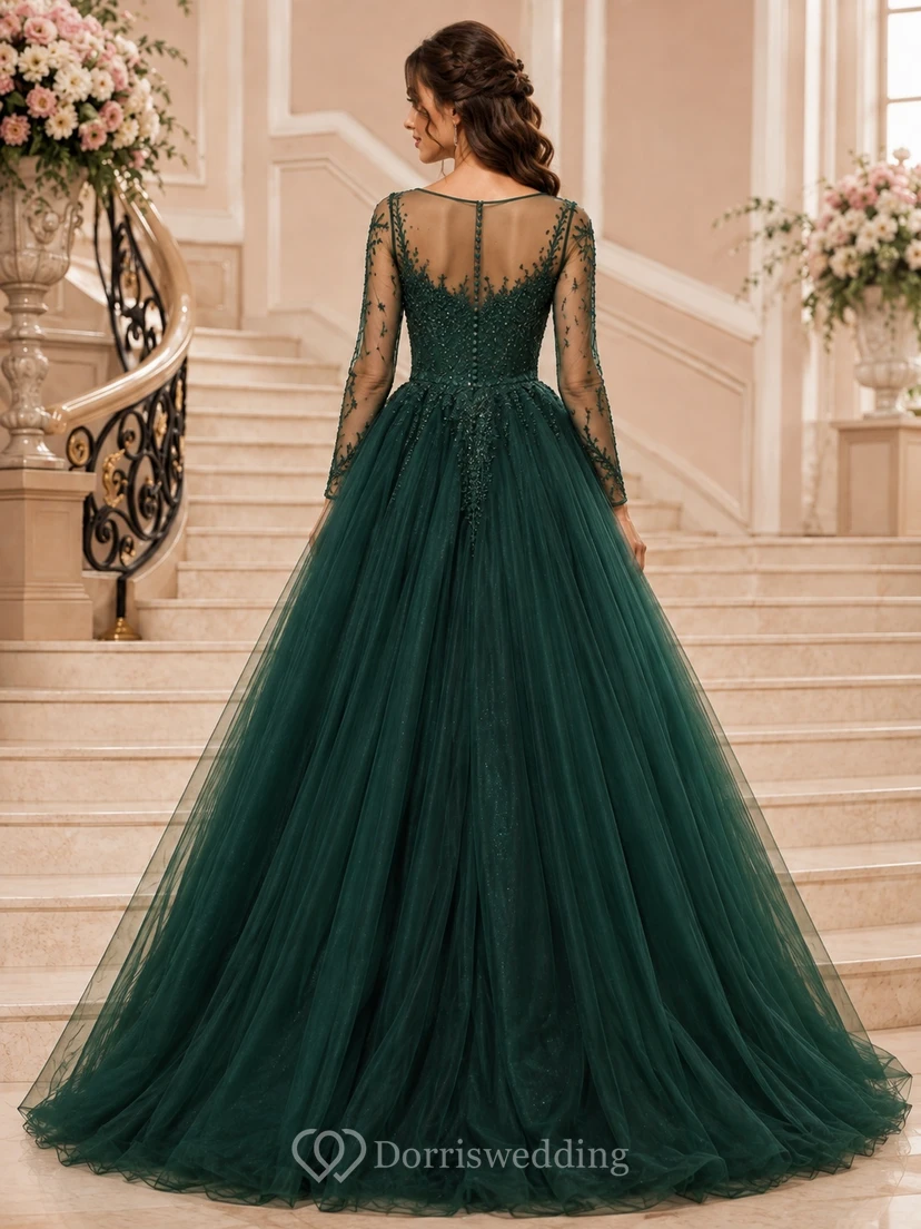 Dark Green Sweetheart Long Illusion Sleeve Tulle Ball Gown Luxury Dress view 2