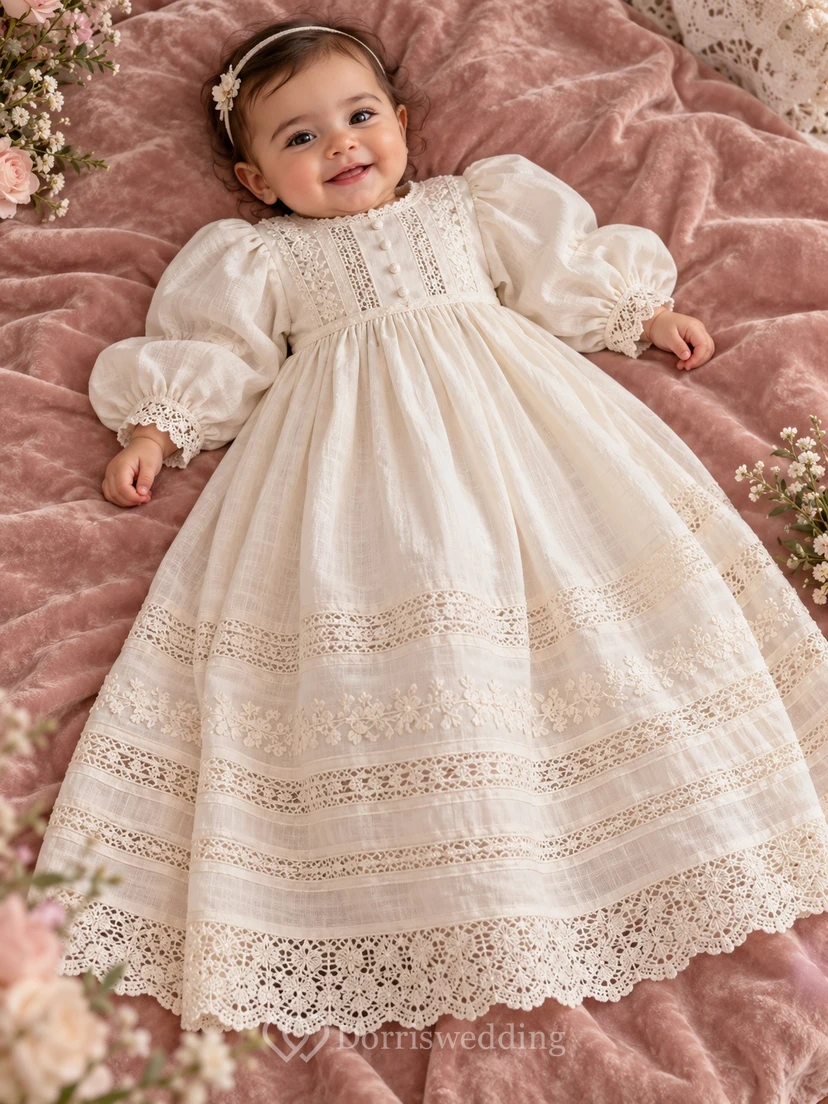 Long Sleeve Ivory Satin Lace Chest Panel Baby Baptism Gown