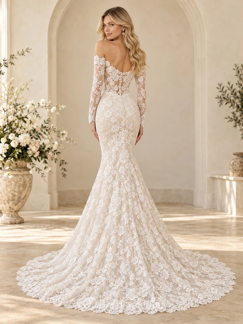 Robe de mariée sirène à manches longues, épaules dénudées, décolleté cranté et traîne en dentelle florale view 2