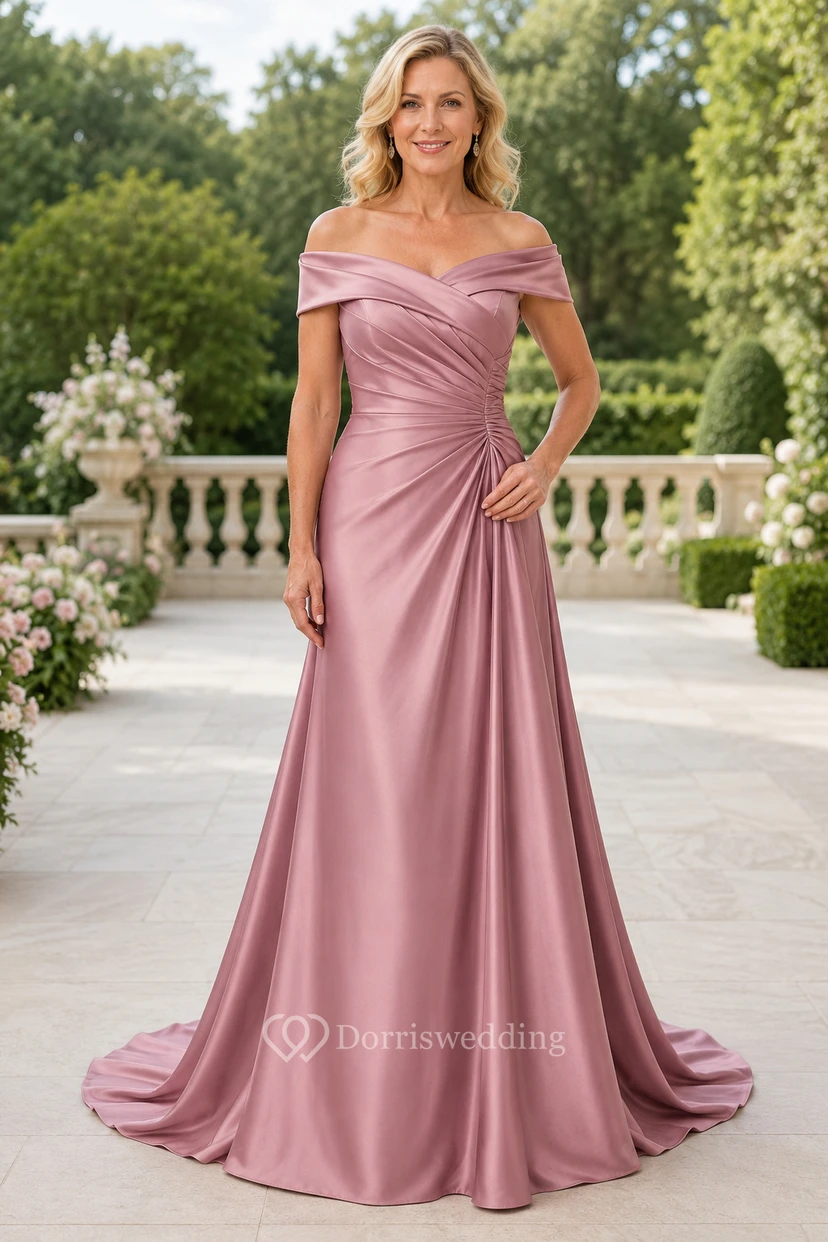 Altrosafarbenes, schulterfreies A-Linien-Kleid aus Satin mit Schleppe