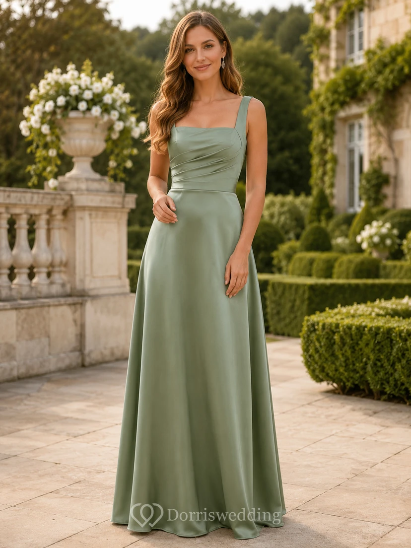 Sage green square neck satin floor length A-line bridesmaid dress