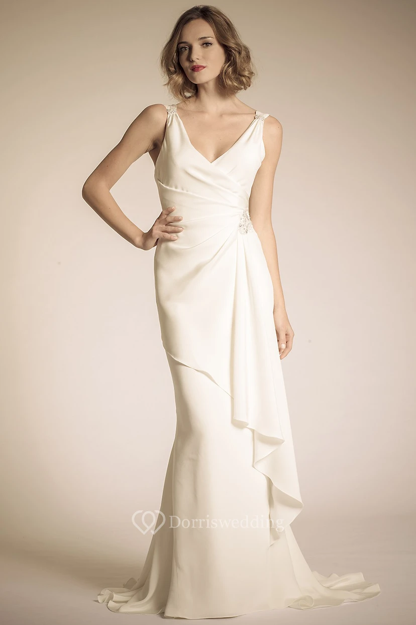 Floor-Length V-Neck Draped Chiffon Wedding Dress With Court Train And V Back