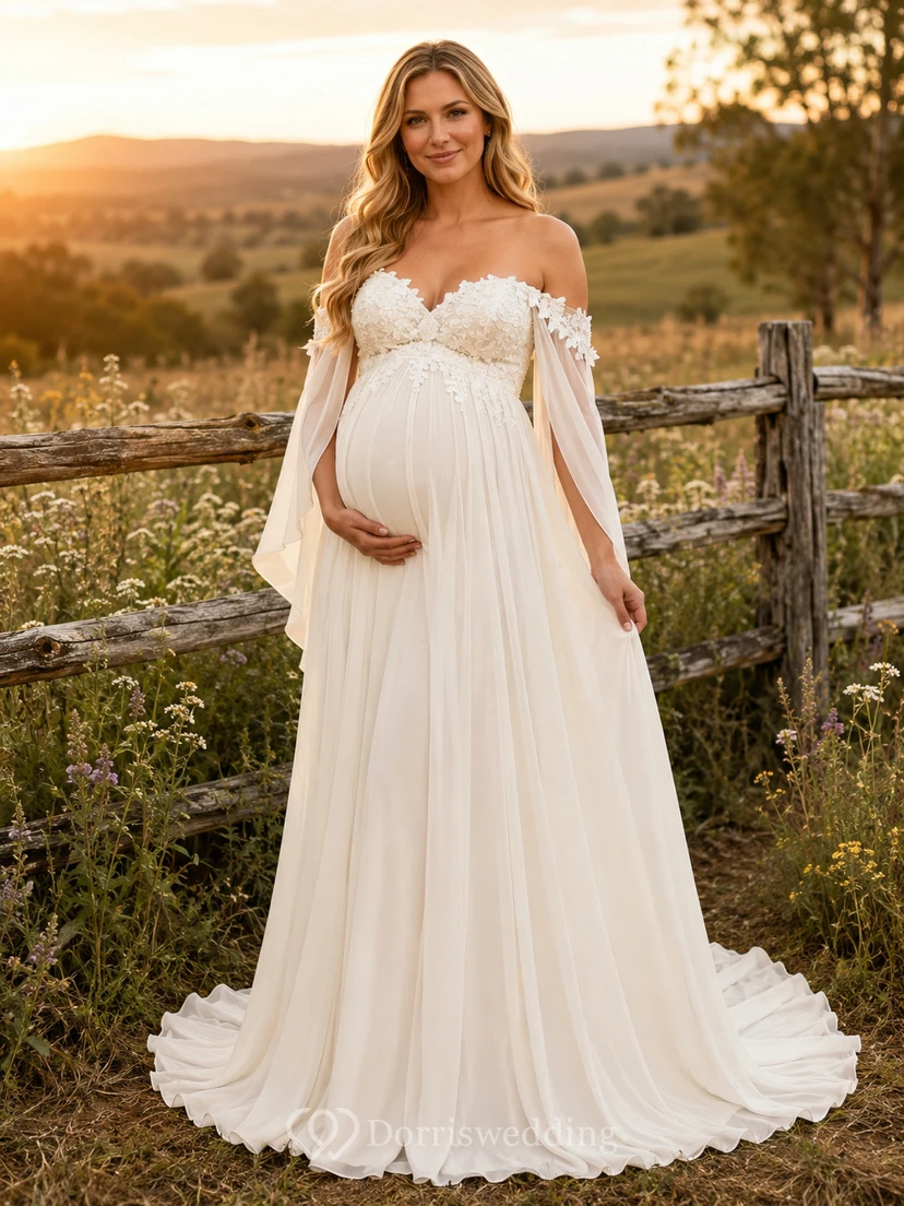 Umstandsbrautkleid, schulterfrei, schlichtes A-Linien-Tüllkleid im Landhausstil mit herzförmigem Oberteil