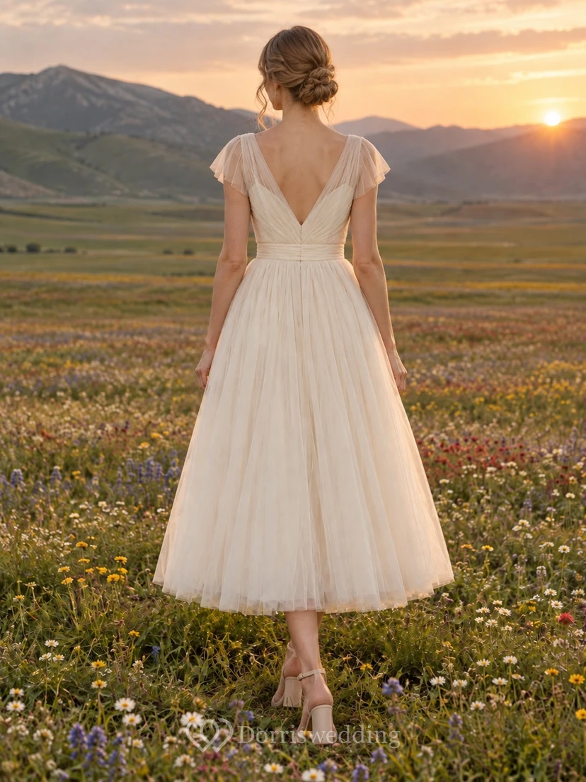 Vestido de novia de tul de manga corta, corte en A y escote en V, largo hasta la rodilla view 2