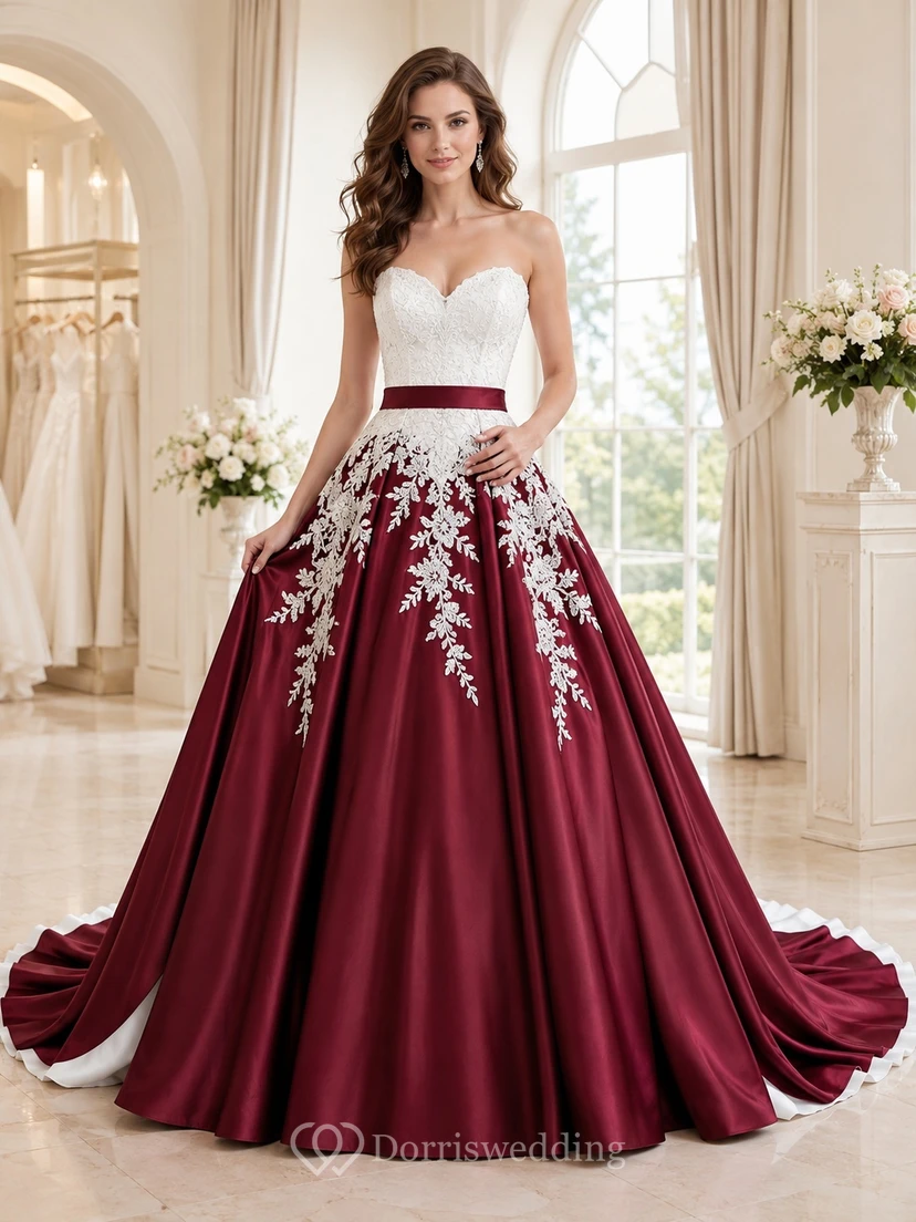 Burgunderrotes, trägerloses, besticktes Satin-Ballkleid mit Herzausschnitt und Schleppe – ein luxuriöses Brautkleid