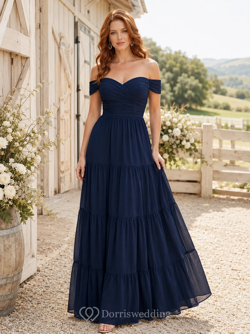 Country Dark Navy Off-Shoulder Chiffon A-Line Floor-Length Tiered Dress