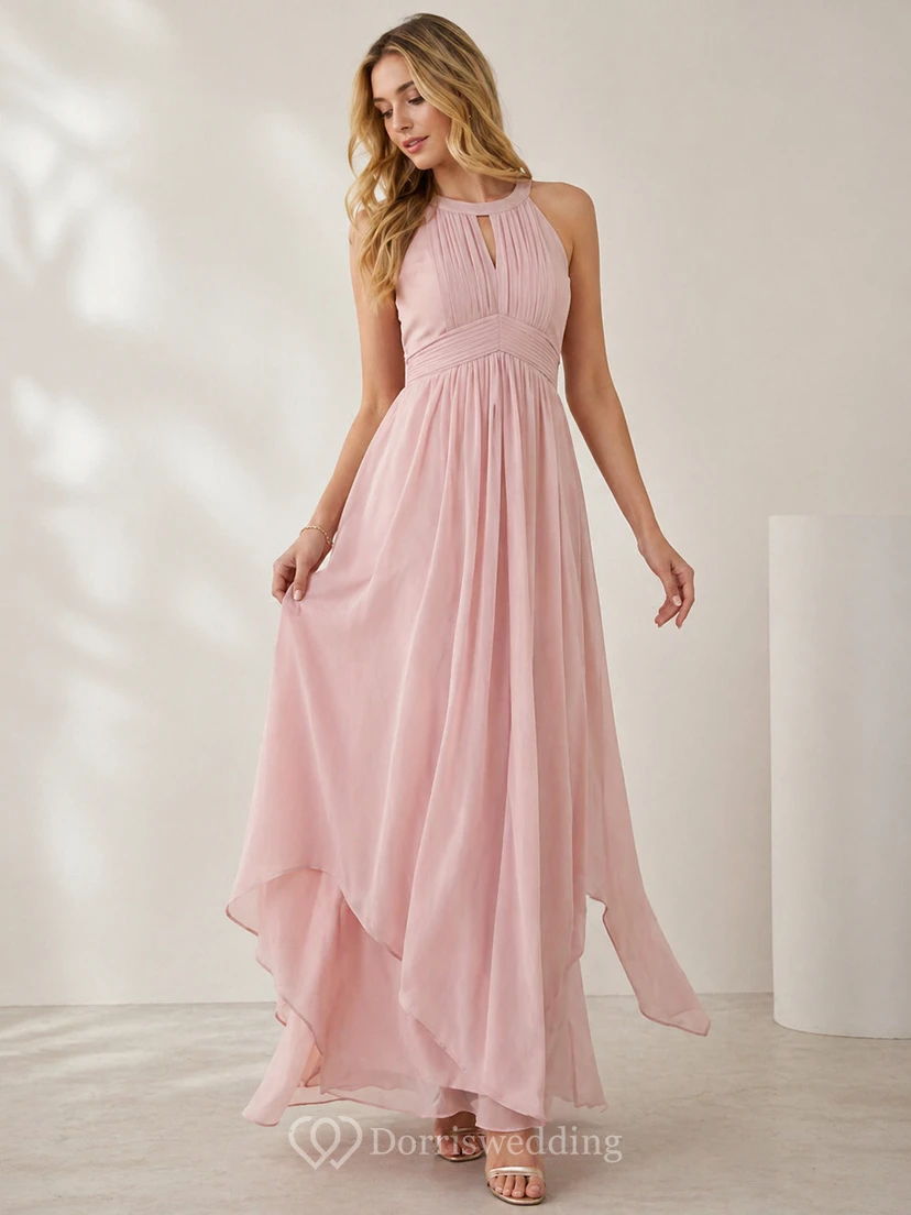 Elegant Burgundy Chiffon Halter Neck Evening Gown with Flowing High-Low Hem view 9