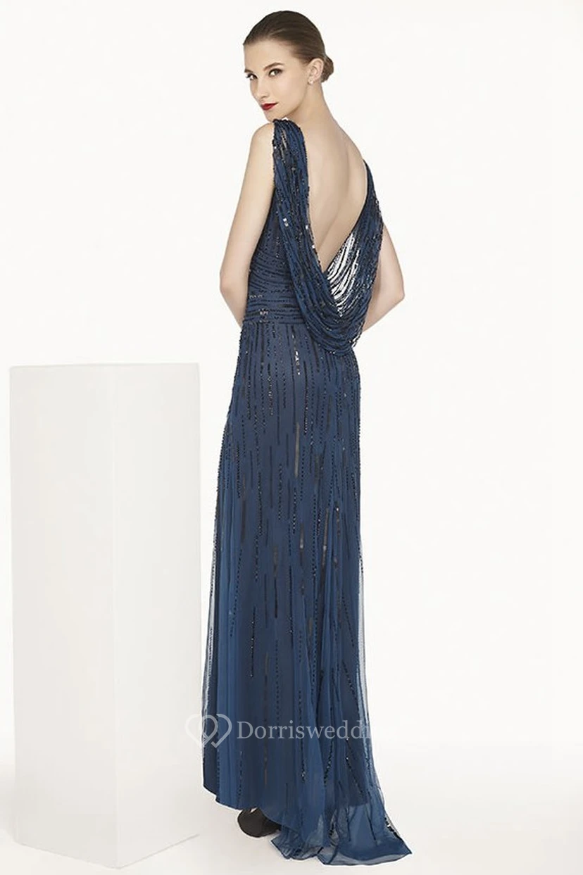 Bateau Tulle Long Prom Dress With Sequins And Cowl Open Back view 2
