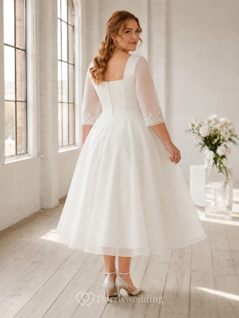 Preisgünstiges Chiffon-Brautkleid in Übergröße mit eckigem Ausschnitt, Dreiviertelärmeln, A-Linien-Schnitt und Teelänge view 2