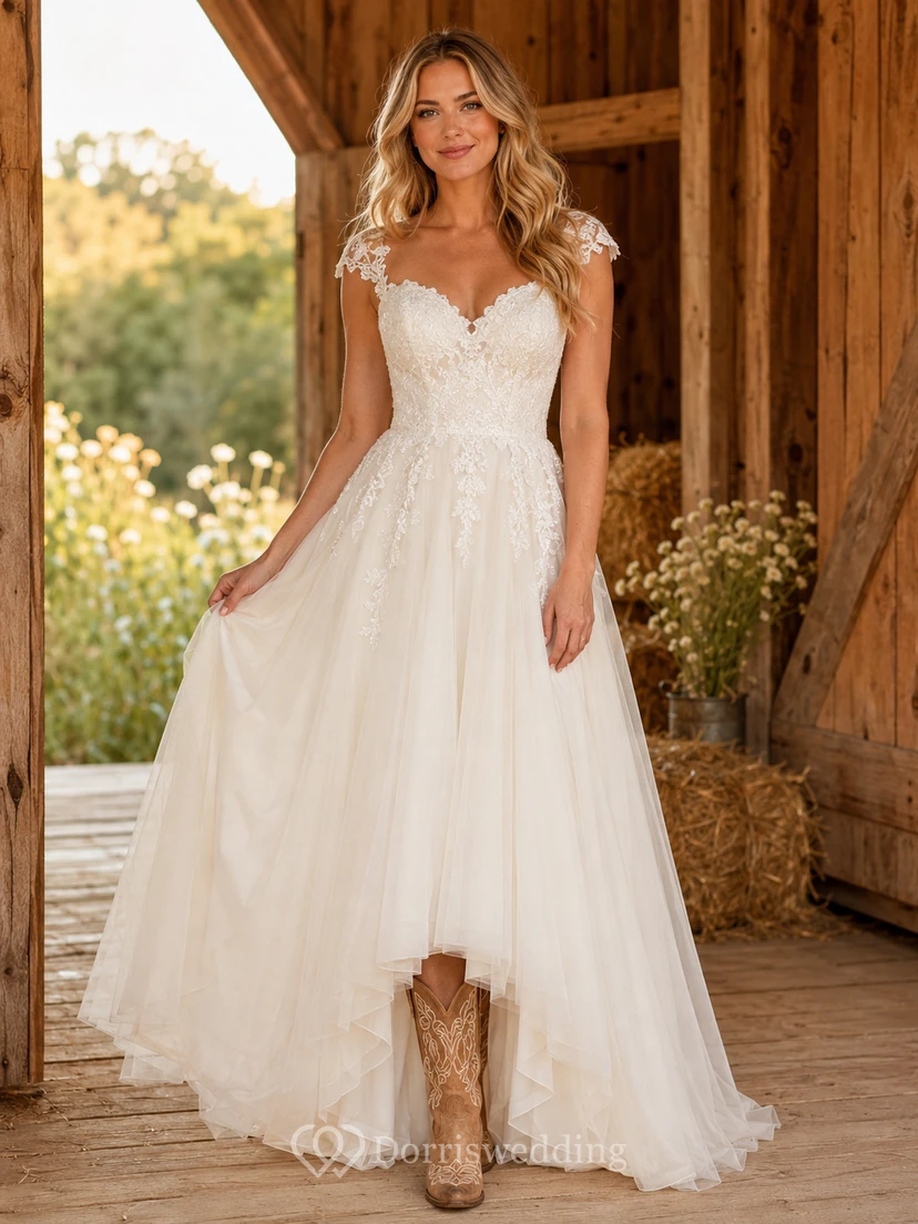 Robe de mariée de maternité à épaules dénudées, manches papillon, dentelle à volants