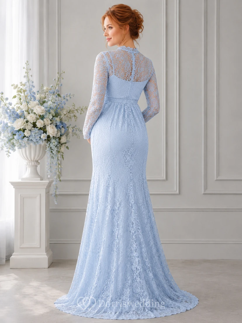 Robe sirène bleu ciel pour baby shower garçon, col montant et manches longues en dentelle. view 2