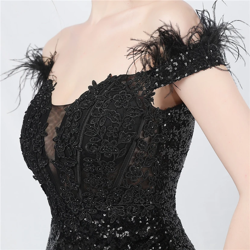 Vestido de noche de alta gama con chaleco de encaje de pelo de avestruz y diamantes, cintura de espina de pescado. view 9