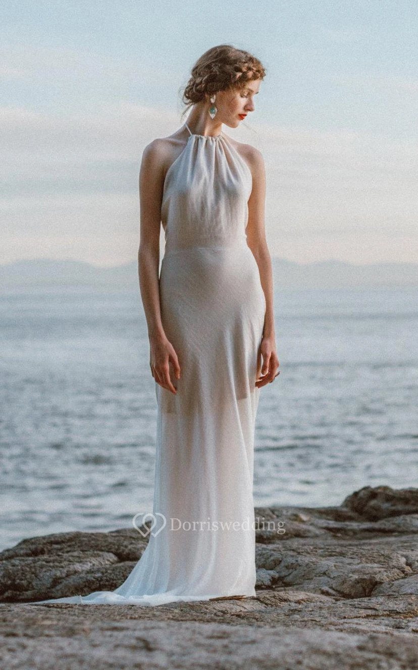 Halter Neck Sleeveless Backless Sheath Long Chiffon Wedding Dress view 5