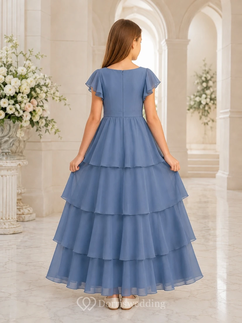 Stahlblaues Brautjungfernkleid für junge Damen, A-Linie, Rundhalsausschnitt, kurze Ärmel, Stufenrock view 2