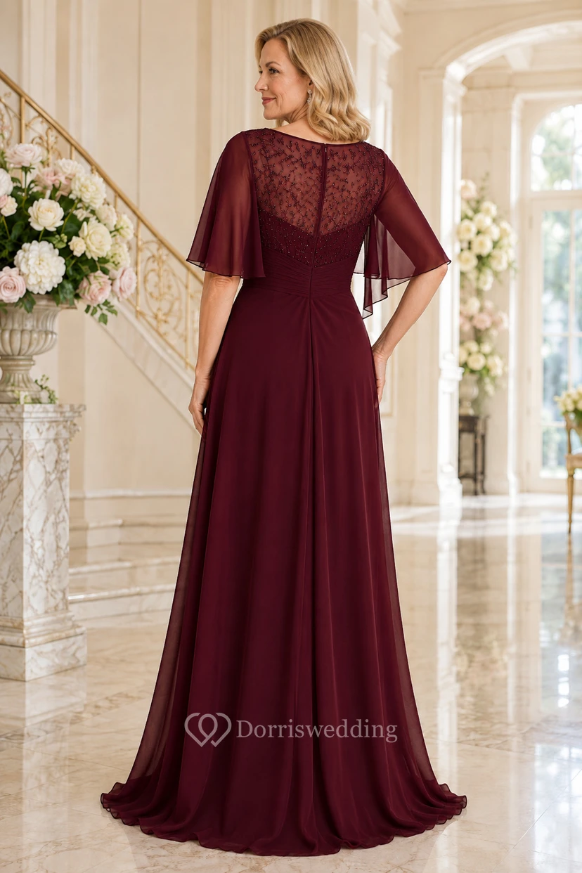 MOB-Kleid aus burgunderrotem Chiffon mit Spitze, A-Linie, flatternden Ärmeln, Rundhalsausschnitt, bodenlang, plissiert view 2