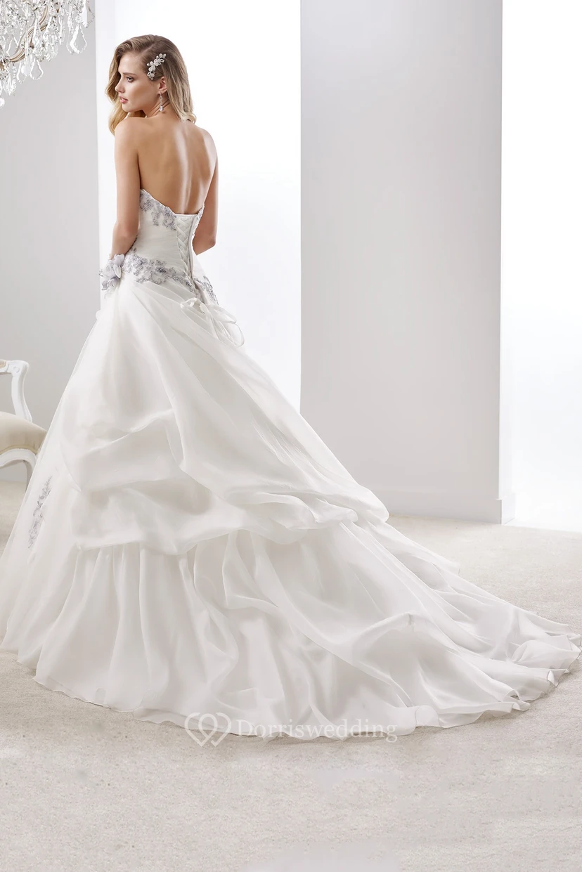 Sweetheart A-line Wedding Gown with Striking Appliques and Asymmetrical Ruffles Overlayer view 2