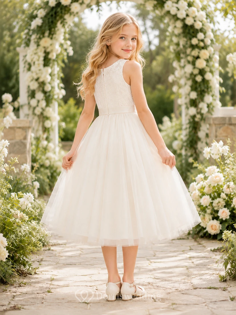 Robe romantique mi-longue trapèze en dentelle et tulle sans manches à col rond, idéale pour une demoiselle d'honneur. view 2
