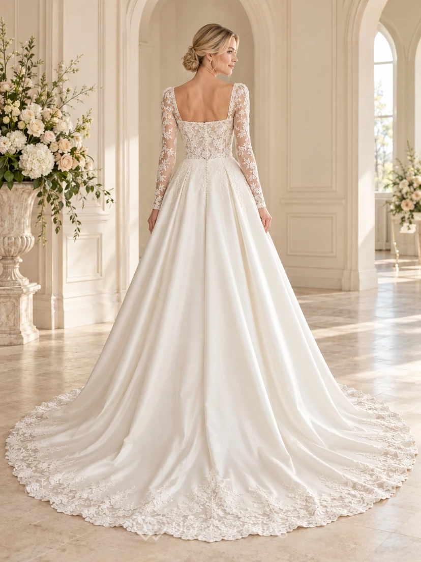 Square Neck Long Lace Sleeve Satin A-Line Wedding Dress view 2