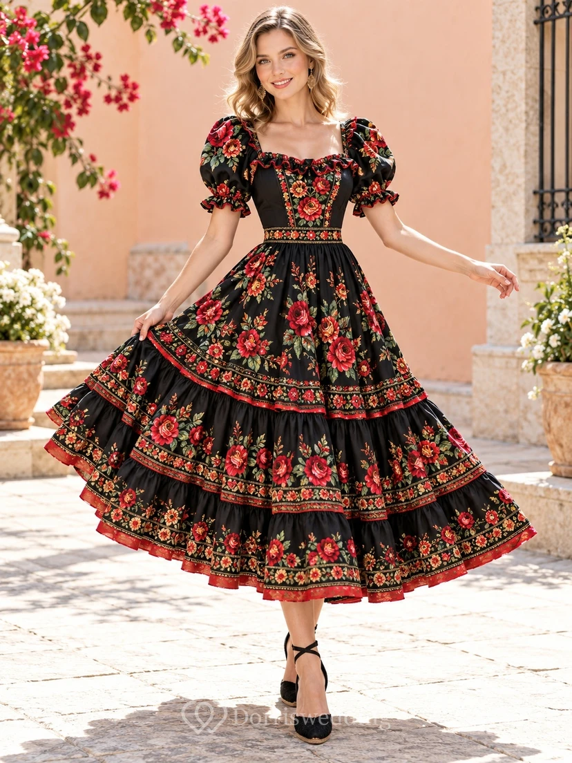 Black Square Neck Rose Embroidered Puff Sleeve Tiered Festival Dress