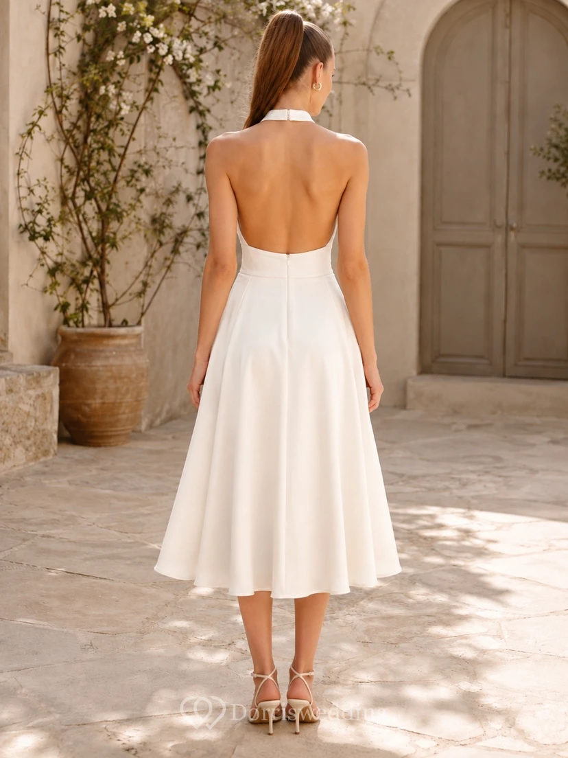 White Halter Pleated Satin A-Line Tea-Length Formal Dress view 2