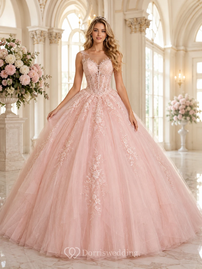 Palace Bloom Blush Ballkleid, bodenlang, V-Ausschnitt, ärmellos, luxuriöses Tüll-Abendkleid