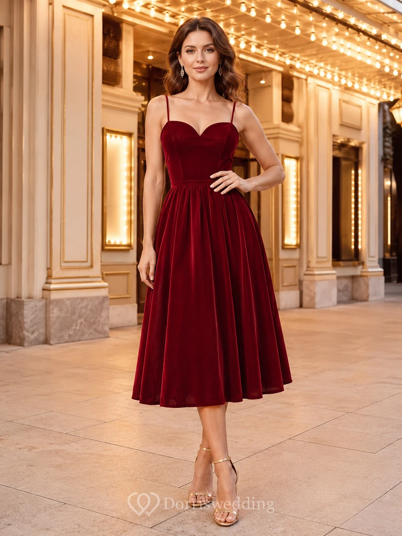 Burgundy velvet spaghetti strap sweetheart theater midi dress