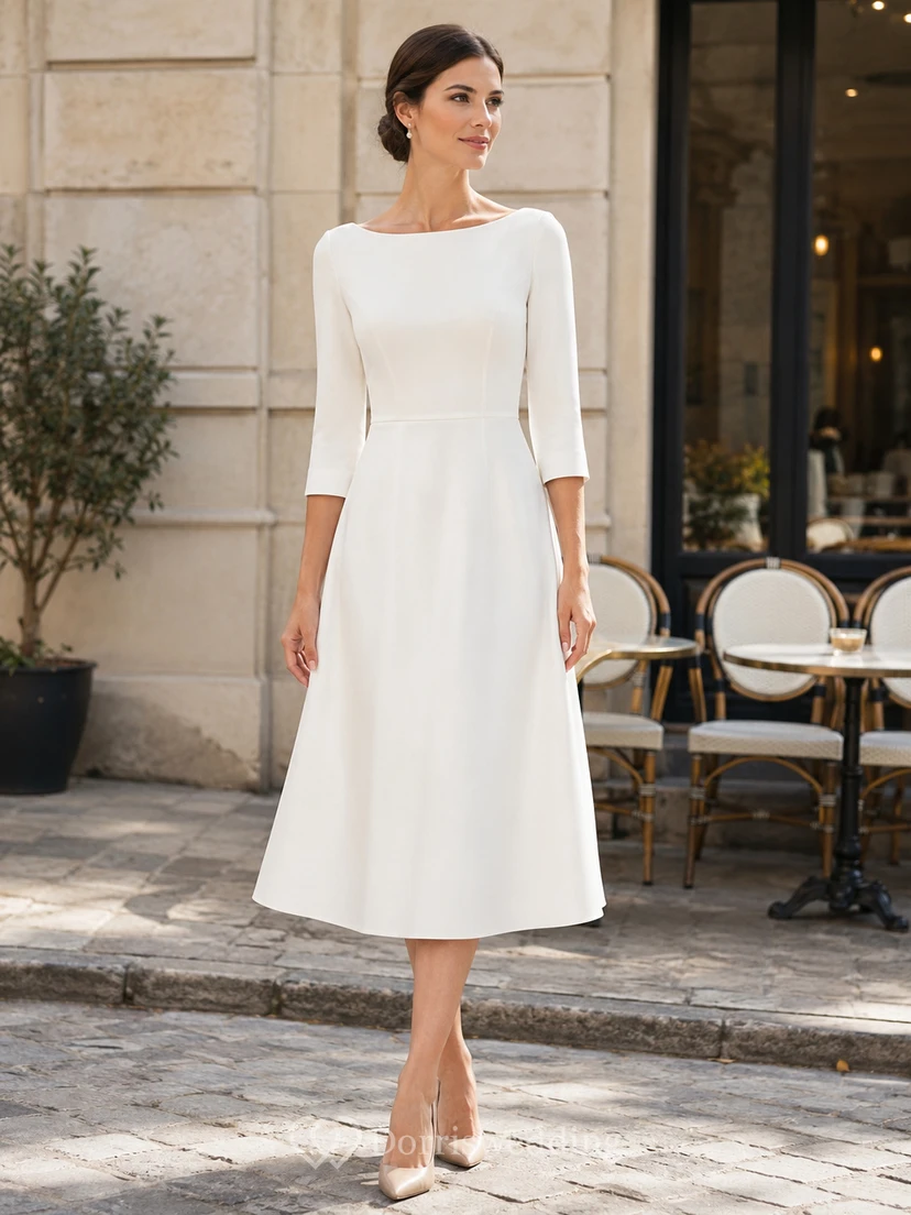 Robe de mariée civile minimaliste à manches trois-quarts et coupe évasée, longueur thé, style bateau