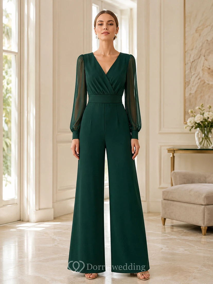 Dunkelgrüner Jumpsuit mit V-Ausschnitt, langen Illusionsärmeln und weitem Bein