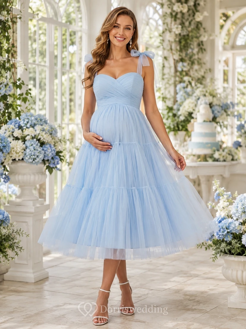 Sky Blue Sweetheart Bow Strap Tulle Tiered Maternity Tea Length Party Dress