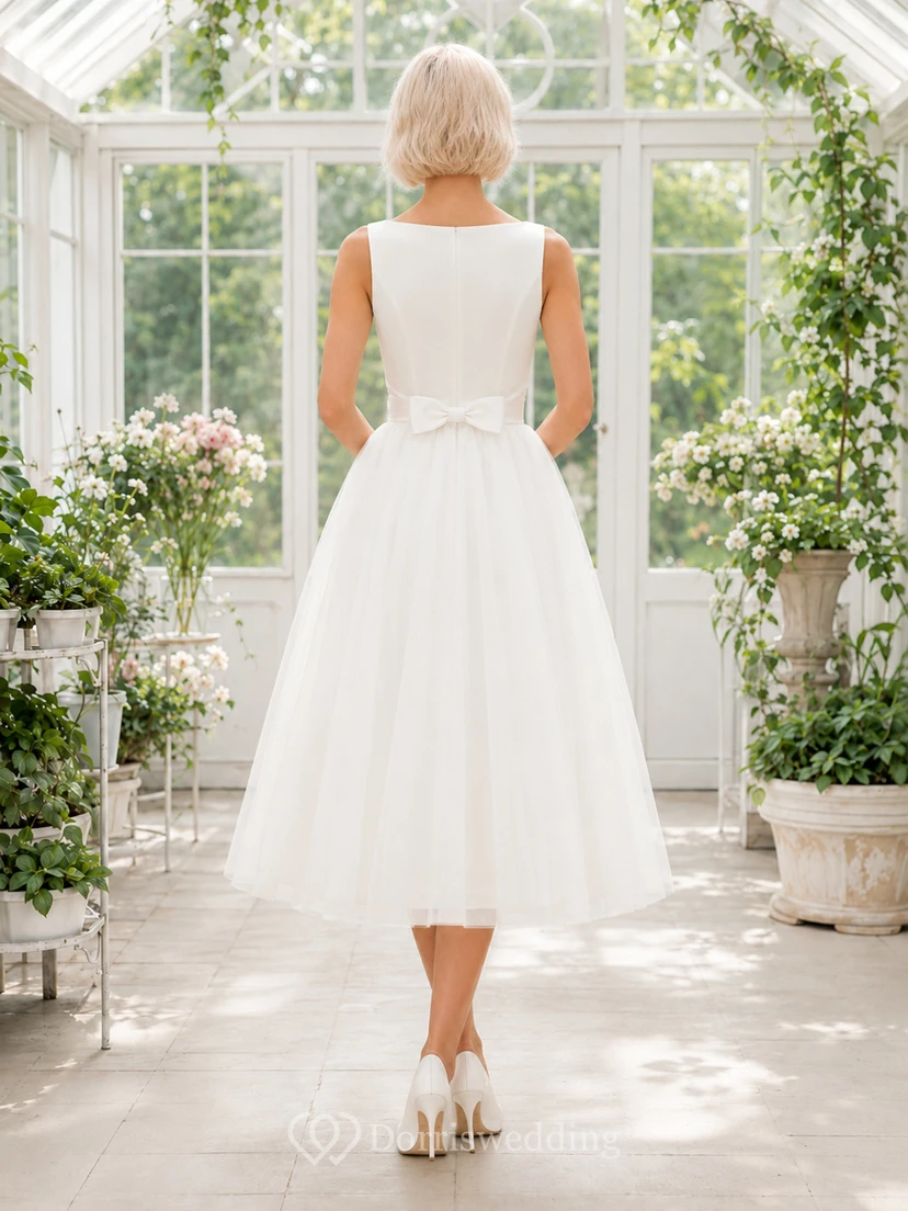 Bow Conservatory White A-Line Tea-Length Bateau Sleeveless Satin Vintage Guest Dress view 2