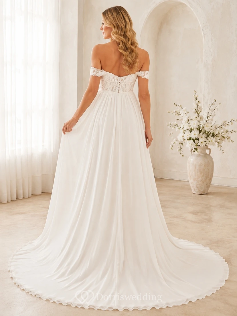 Vestido de novia de gasa con escote de hombros descubiertos y corte A para fugas de maternidad view 2