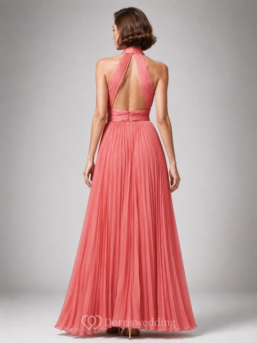 Coral pleated halter open back flowing A-line maxi gown view 2