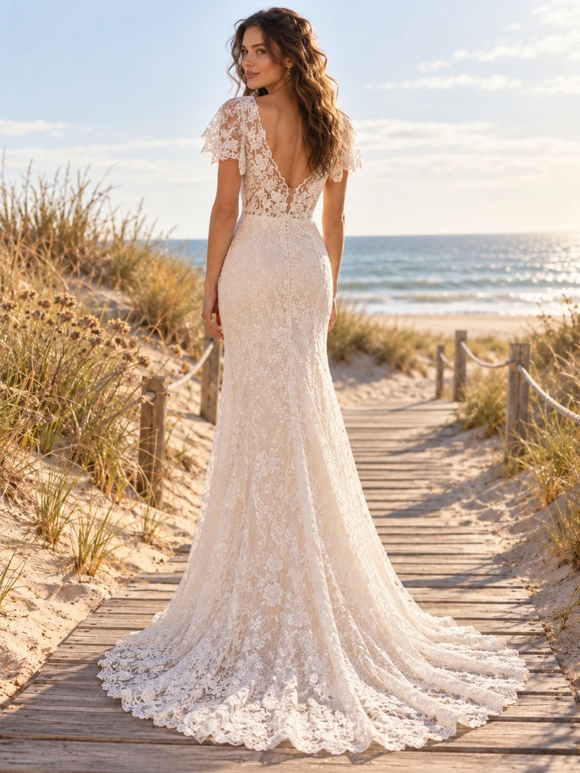 Short Flutter Sleeve Plunge V-neck Fitted Lace Wedding Dress view 2