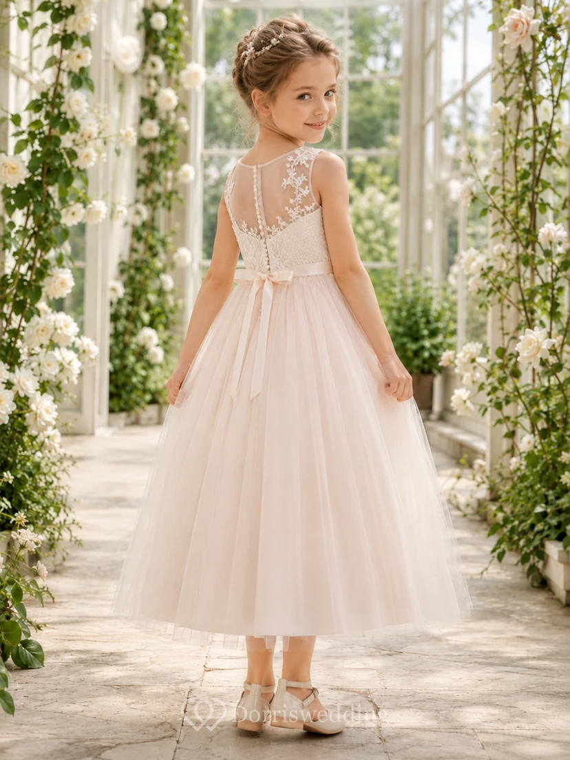 Elegant A-Line Flower Girl Dress with Jewel Neck Lace Bodice Blushing Pink Tulle Greenhouse Ceremony view 2