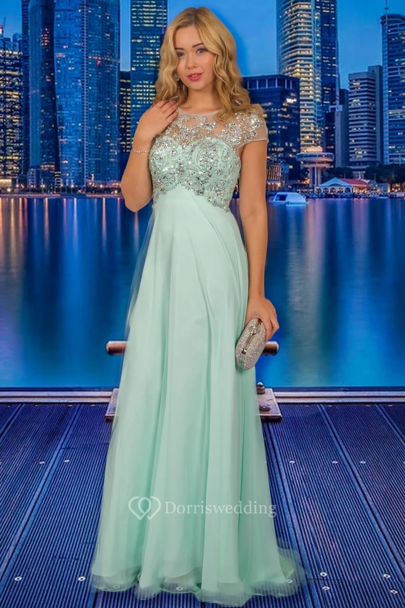 A-Line Empire Scoop-Neck Beaded Long Cap-Sleeve Chiffon Prom Dress