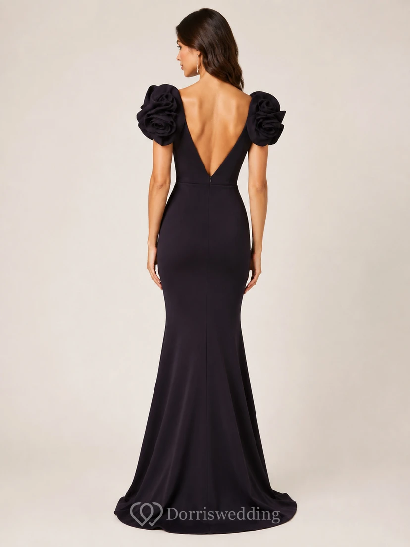 Black Deep V-Neck Rose Sleeve Mermaid Evening Gown view 2