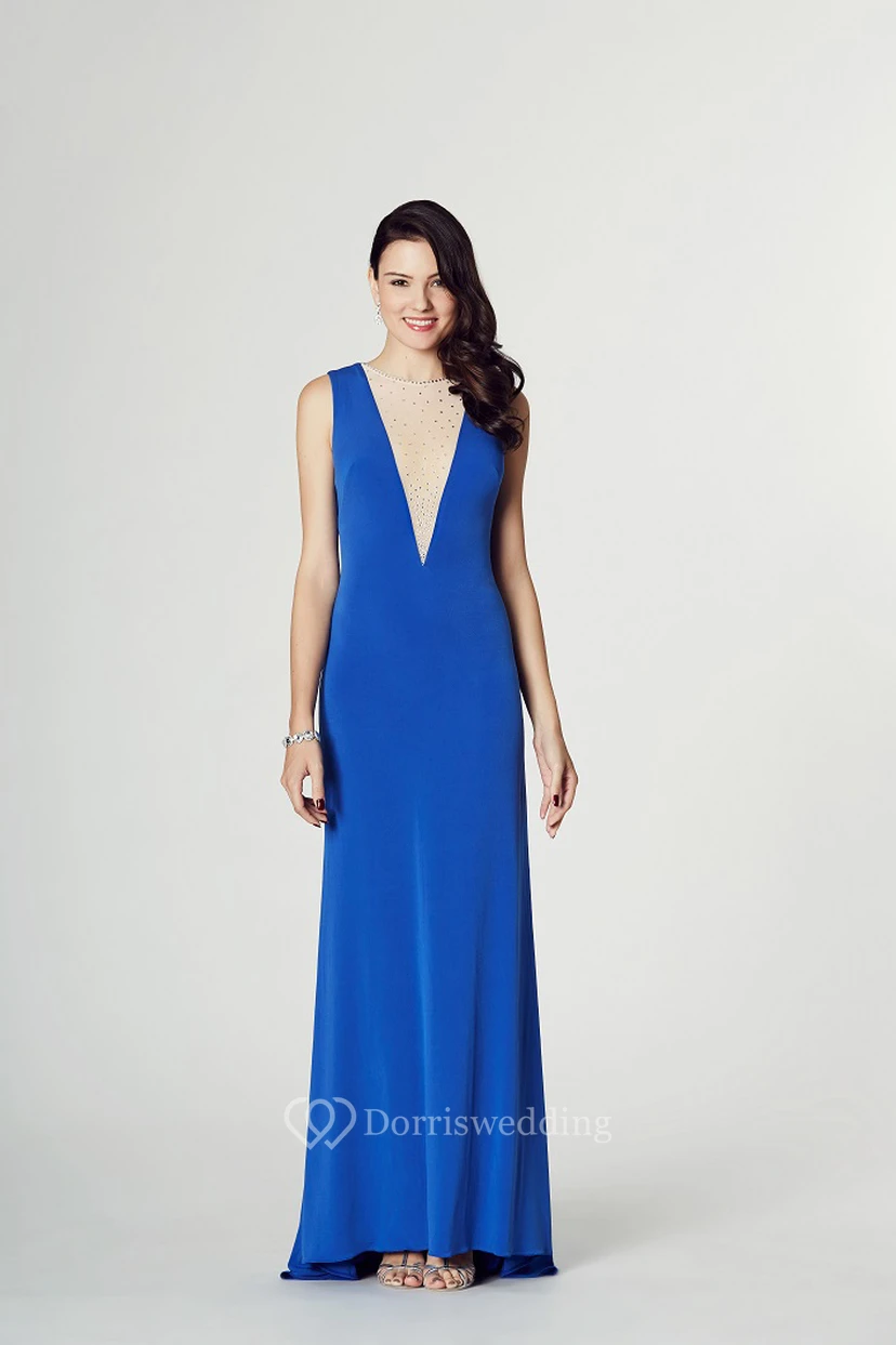 Sleeveless Beaded Jewel Neck Jersey Prom Dress With Brush Train view 3
