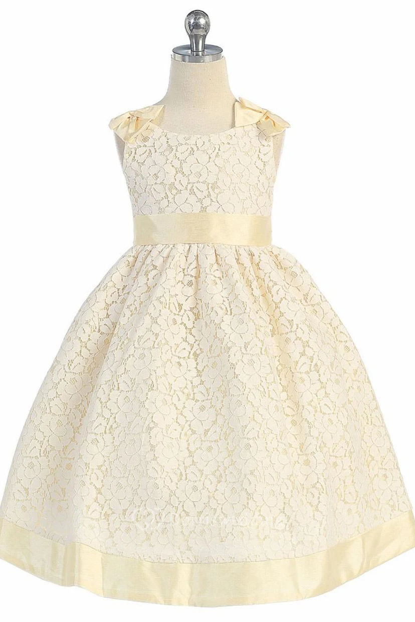 Tea-Length Bowed Floral Lace Flower Girl Dress With Ribbon