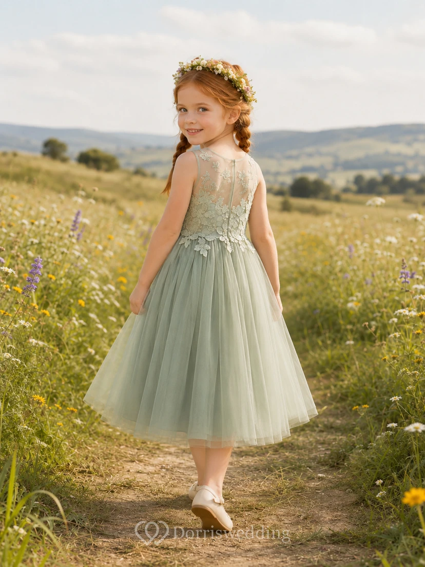 Sage Flower Girl Dress Boho Tea-Length A-Line Sleeveless Illusion Floral Lace Applique Tulle view 2