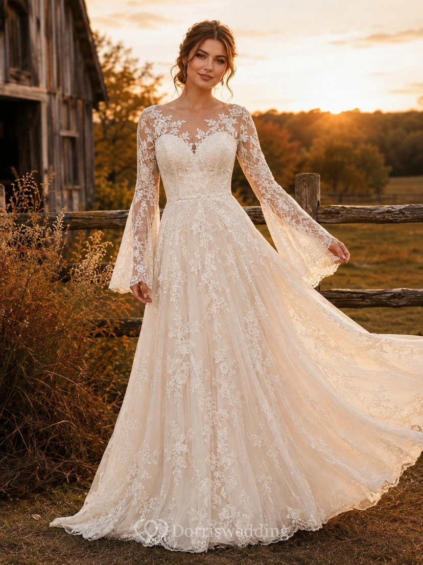 Fall Boho High Neck Bell Sleeve A-Line Wedding Dress