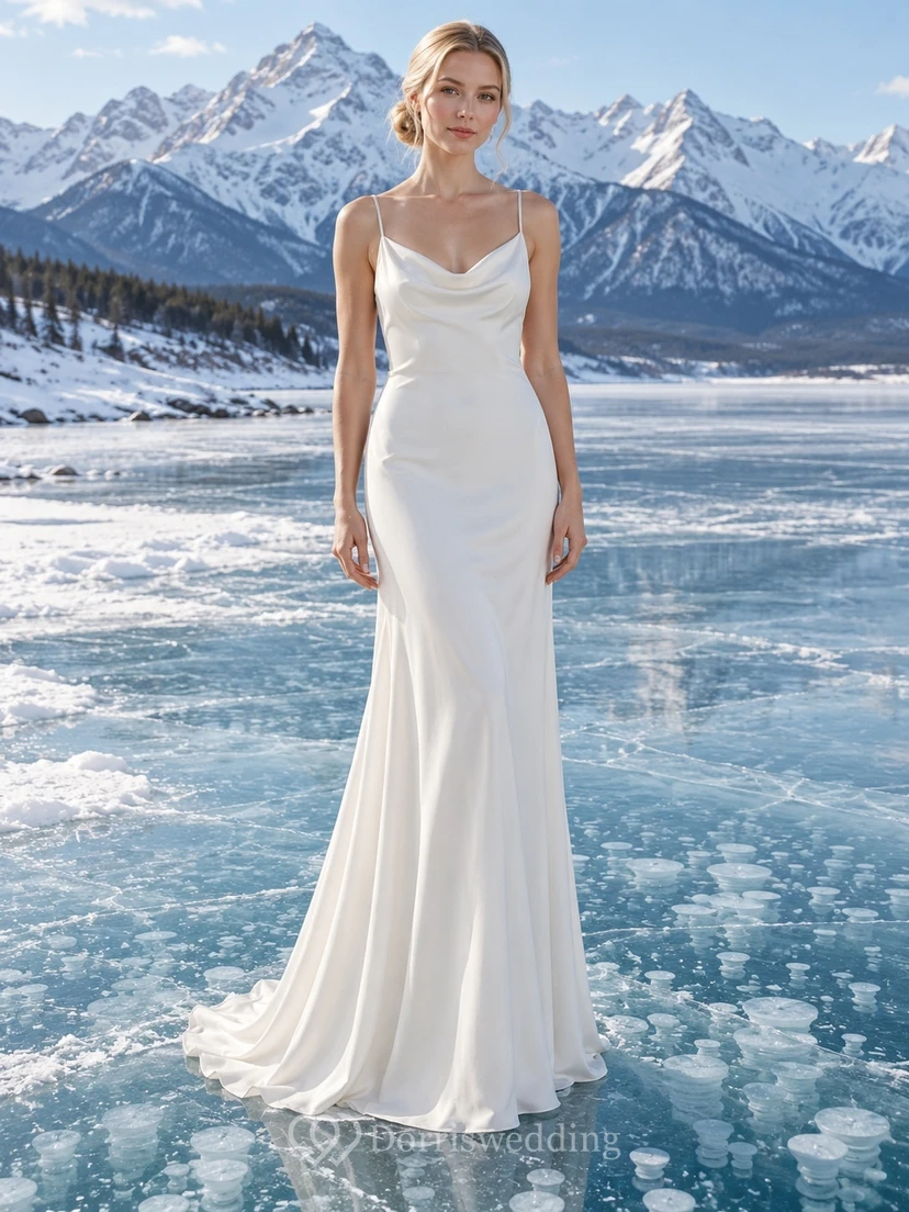 Vestido de novia sencillo de georgette con escote drapeado, tirantes finos y cola larga.